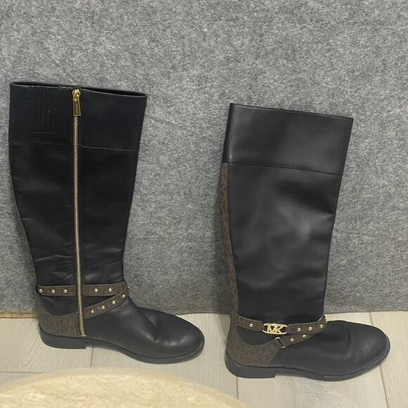MICHAEL KORS $375 BLACK BROWN LOGO KINCAID RIDING BOOTS SZ 8 - Picture 9 of 13